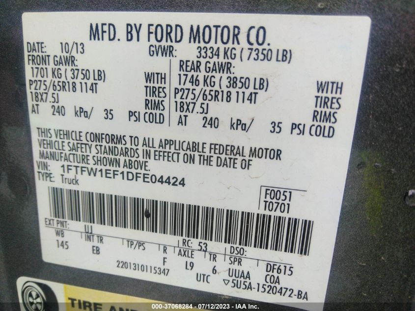 2013 FORD F-150 XL/XLT/FX4/LARIAT - 1FTFW1EF1DFE04424