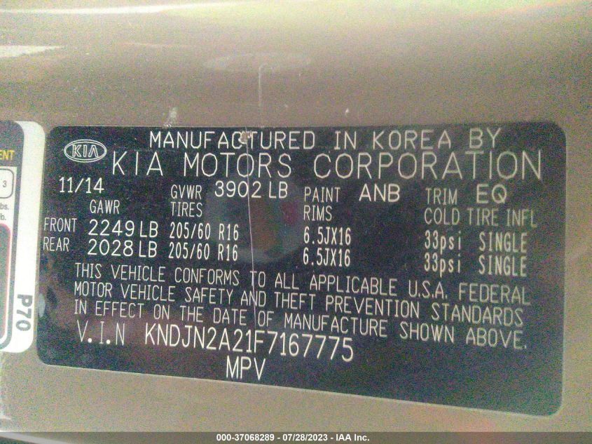 2015 KIA SOUL BASE - KNDJN2A21F7167775