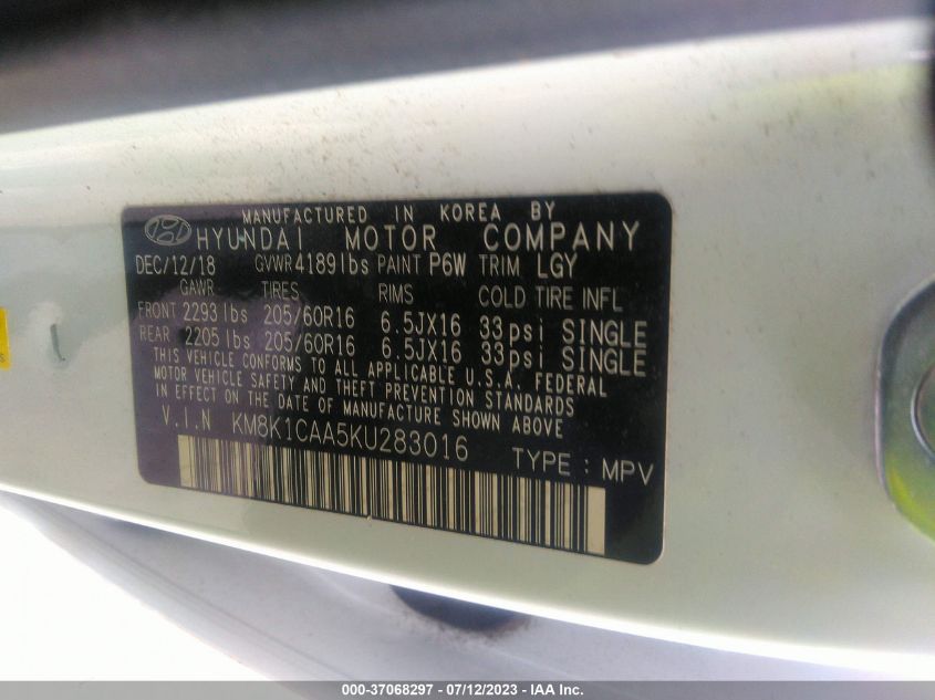 2019 HYUNDAI KONA SE - KM8K1CAA5KU283016