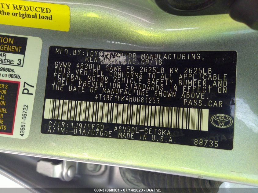 2017 TOYOTA CAMRY XLE/SE/LE/XSE - 4T1BF1FK4HU681253