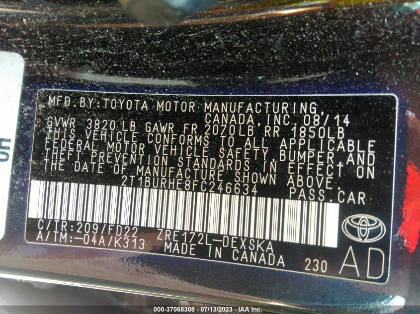 2015 TOYOTA COROLLA L/LE/S/S PLUS/LE PLUS - 2T1BURHE8FC246634