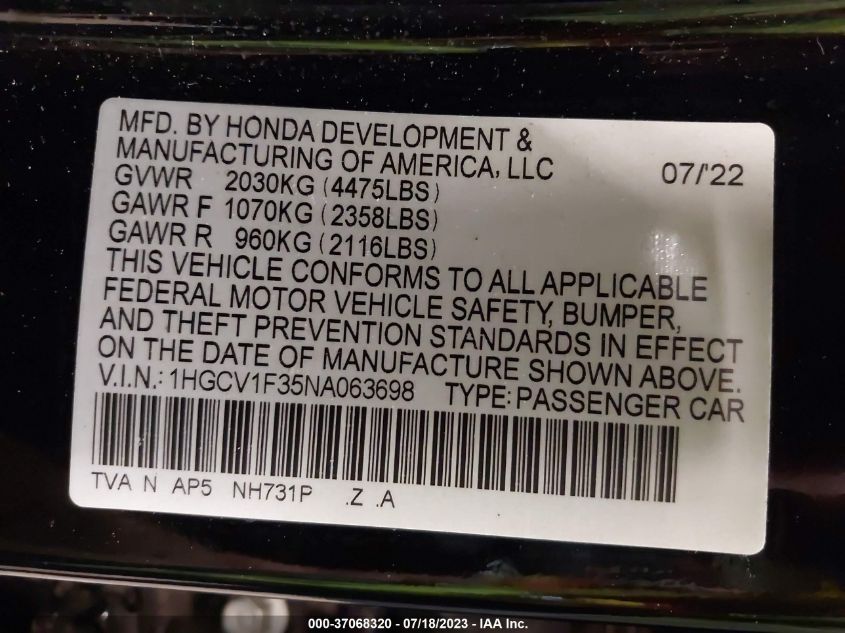 2022 HONDA ACCORD SPORT - 1HGCV1F35NA063698