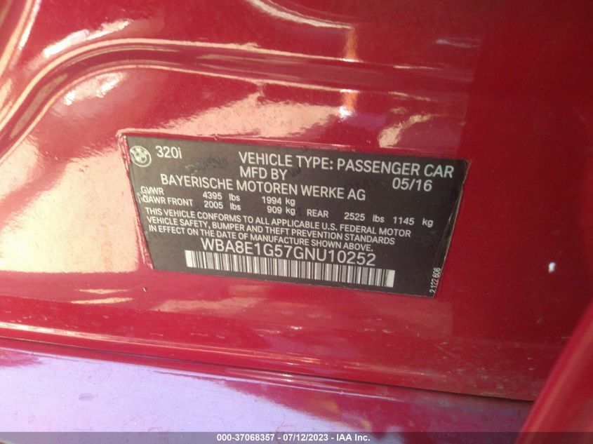 2016 BMW 3 SERIES 320I - WBA8E1G57GNU10252