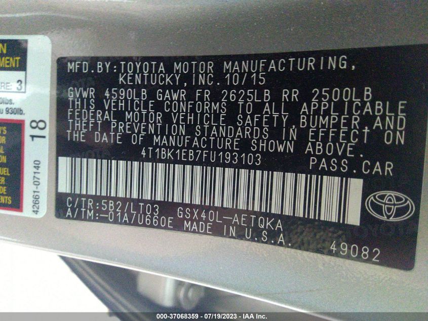 2015 TOYOTA AVALON LIMITED - 4T1BK1EB7FU193103