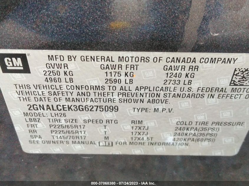 2016 CHEVROLET EQUINOX LT - 2GNALCEK3G6275099