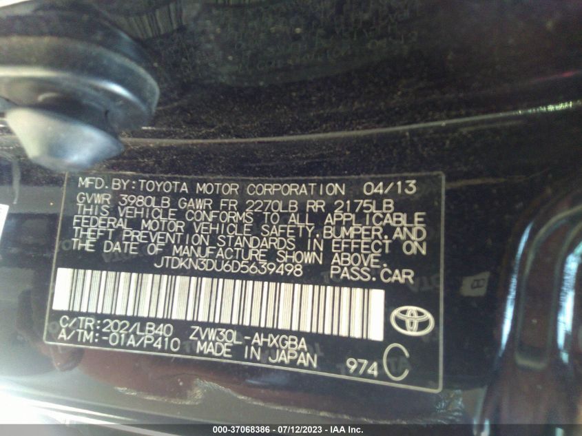 2013 TOYOTA PRIUS - JTDKN3DU6D5639498