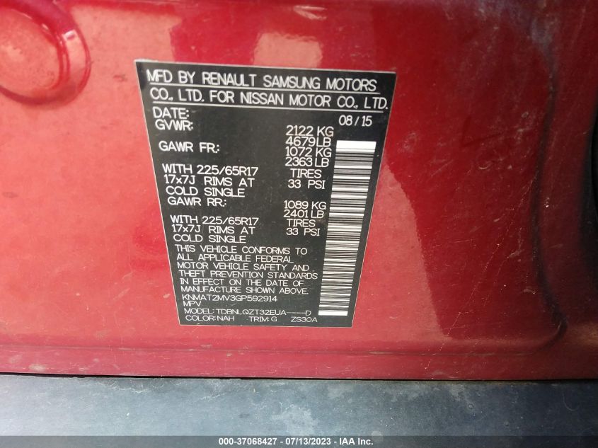 2016 NISSAN ROGUE SV - KNMAT2MV3GP592914