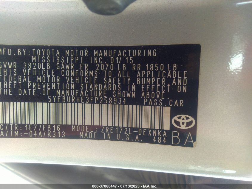 2015 TOYOTA COROLLA L/LE/S/S PLUS/LE PLUS - 5YFBURHE3FP258934