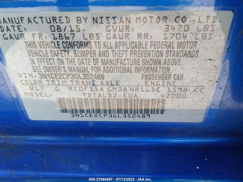 2016 NISSAN VERSA NOTE S/S PLUS/SV/SR/SL - 3N1CE2CP3GL352489