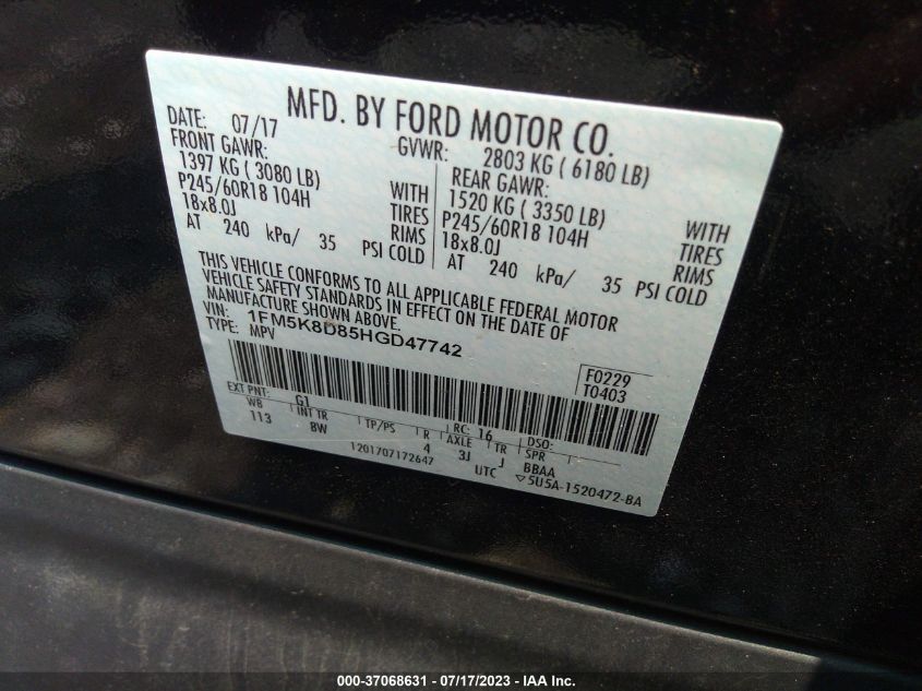 2017 FORD EXPLORER XLT - 1FM5K8D85HGD47742