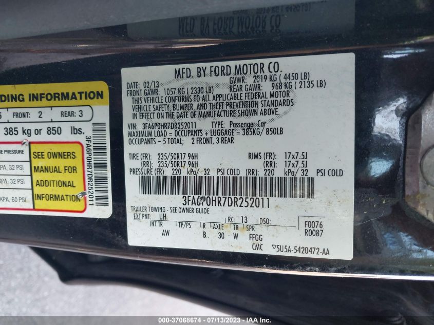 2013 FORD FUSION SE - 3FA6P0HR7DR252011