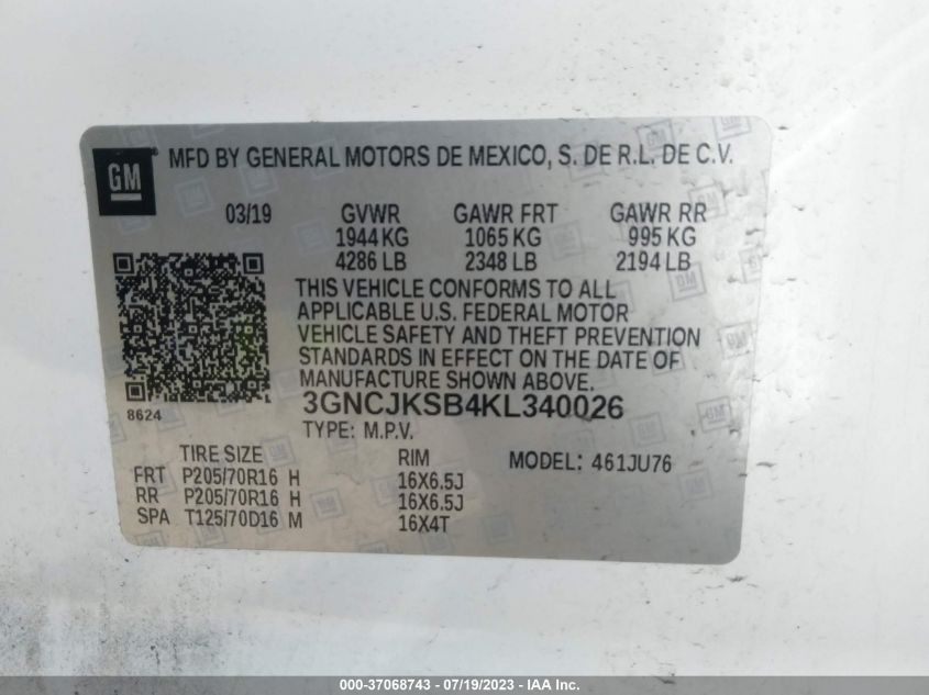 2019 CHEVROLET TRAX LS - 3GNCJKSB4KL340026