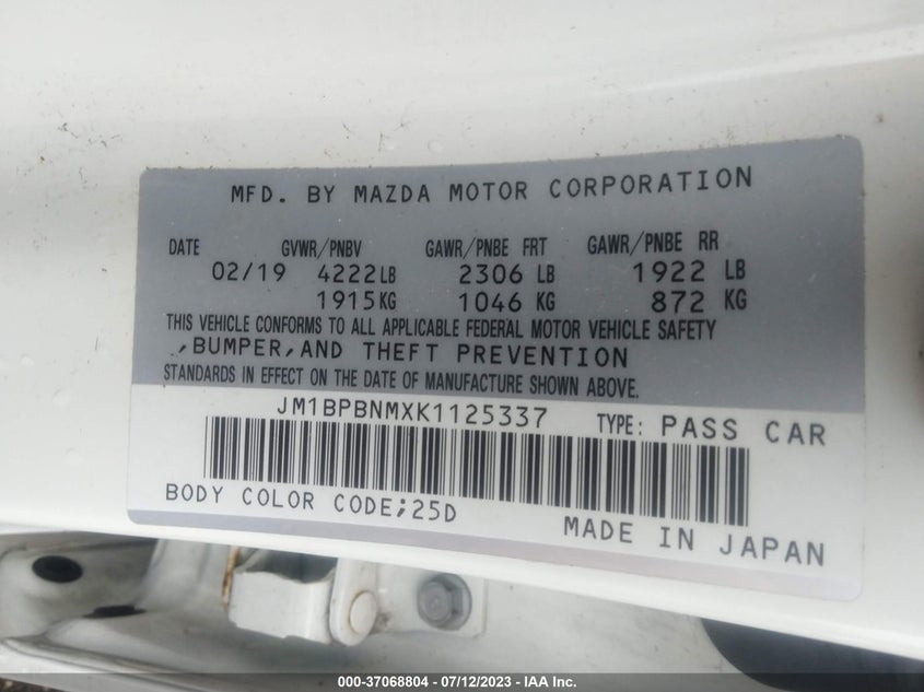 VIN JM1BPBNMXK1125337 2019 MAZDA MAZDA3 HATCHBACK W/PREMIUM PKG