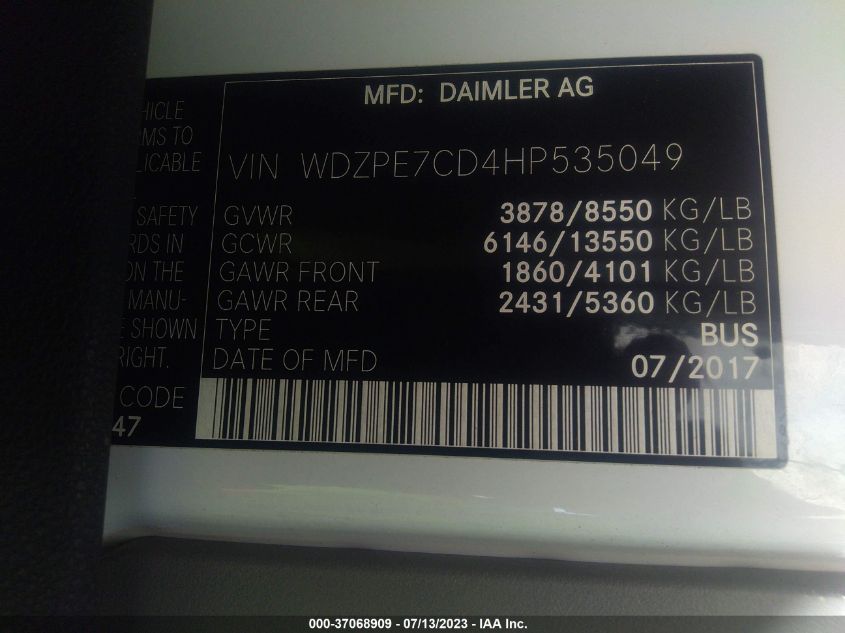 2017 MERCEDES-BENZ SPRINTER PASSENGER VAN WDZPE7CD4HP535049