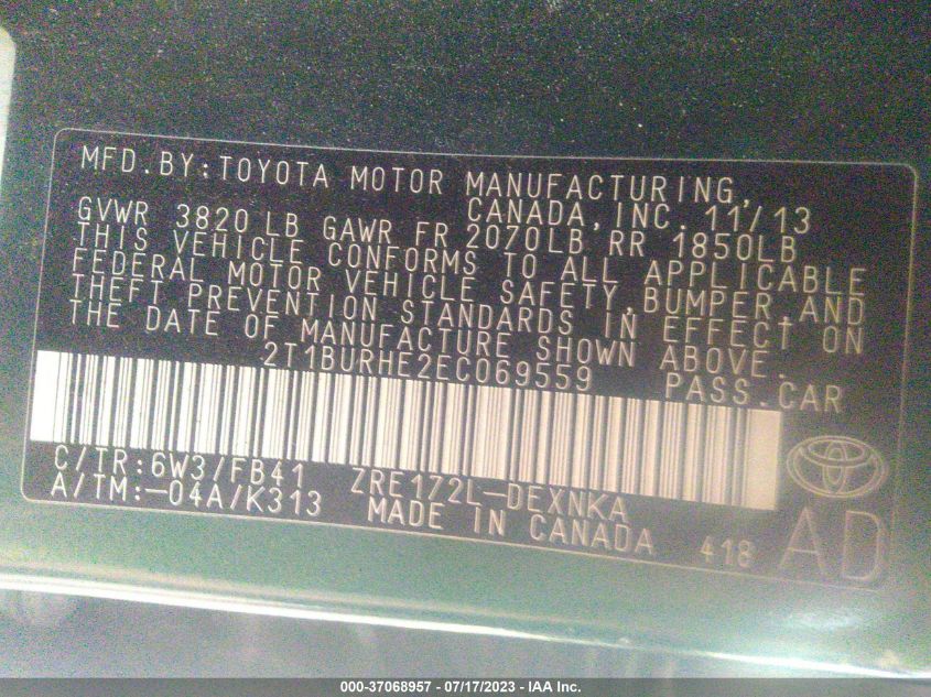 2014 TOYOTA COROLLA L/LE/S/S PLUS/LE PLUS - 2T1BURHE2EC069559