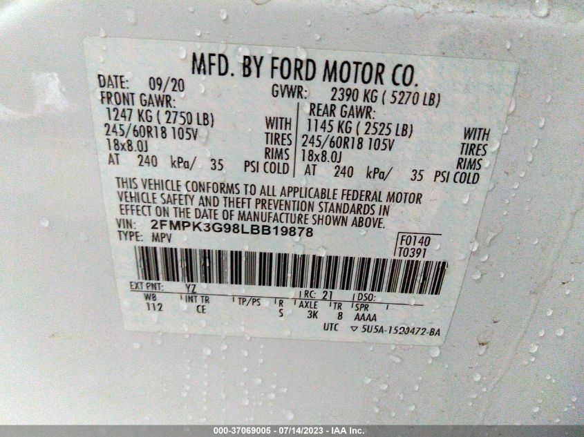 2FMPK3G98LBB19878 2020 FORD EDGE, photo no. 9