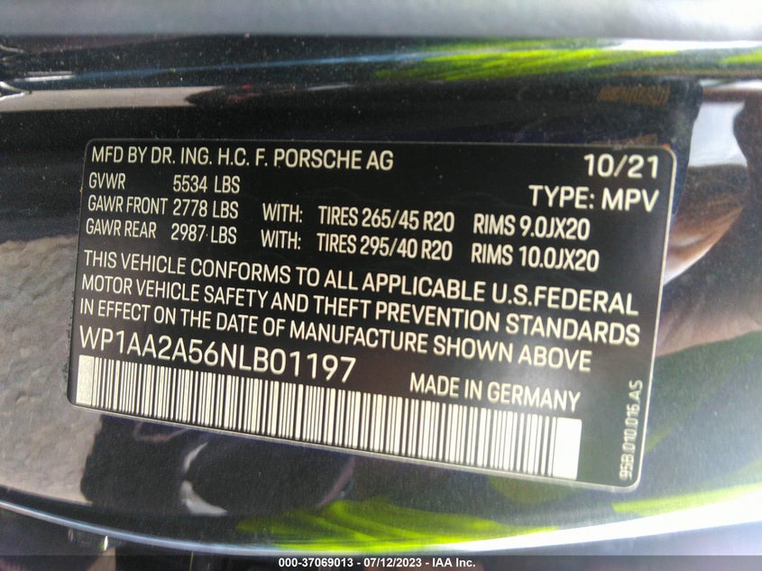 VIN WP1AA2A56NLB01197 2022 PORSCHE MACAN