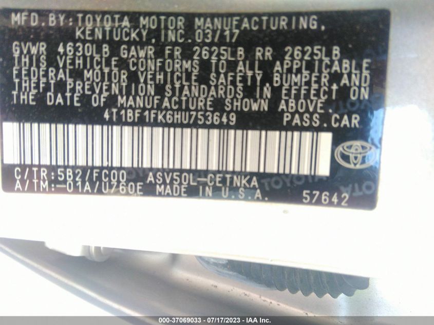 2017 TOYOTA CAMRY XLE/SE/LE/XSE - 4T1BF1FK6HU753649