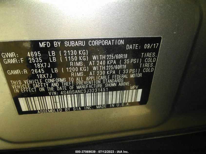 2018 SUBARU OUTBACK LIMITED - 4S4BSANC3J3231451