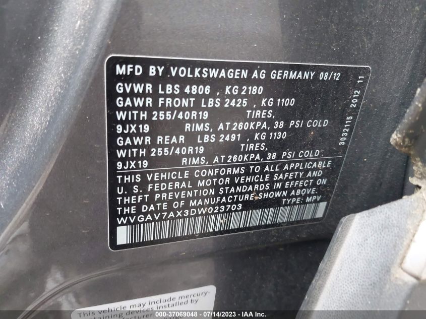 2013 VOLKSWAGEN TIGUAN SEL - WVGAV7AX3DW023703