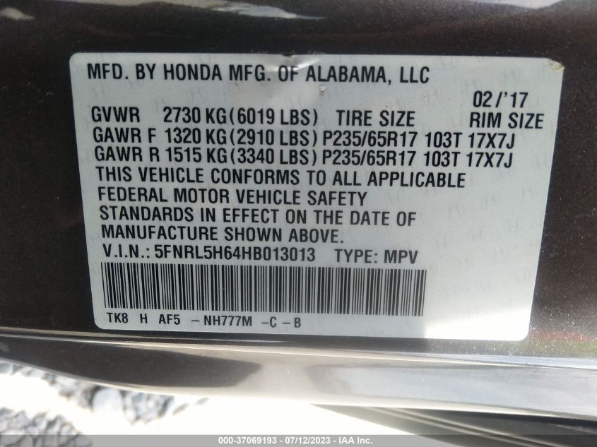 2017 HONDA ODYSSEY EX-L - 5FNRL5H64HB013013