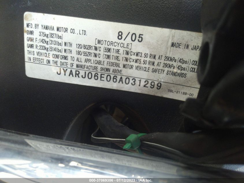 2006 YAMAHA YZFR6 L JYARJ06E06A031299