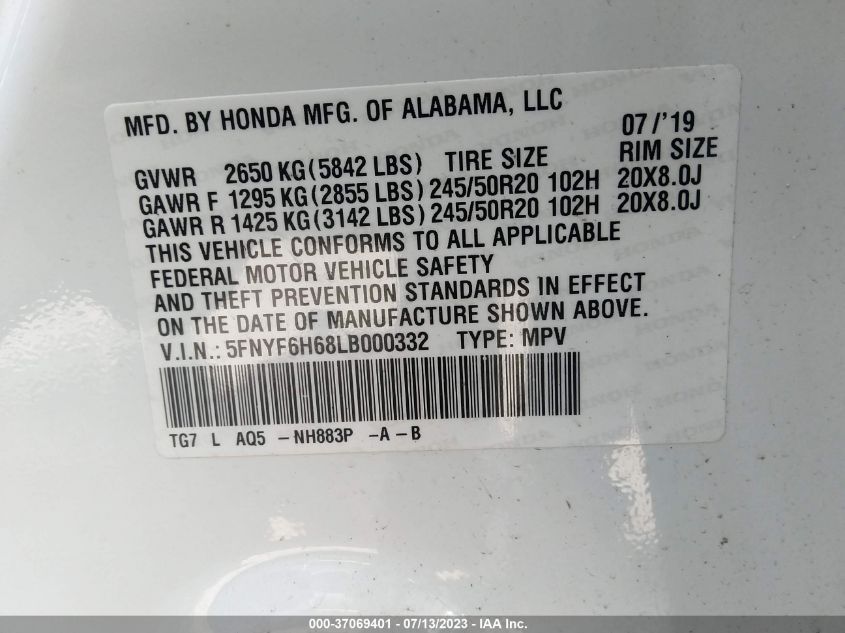 2020 HONDA PILOT TOURING 7-PASSENGER - 5FNYF6H68LB000332