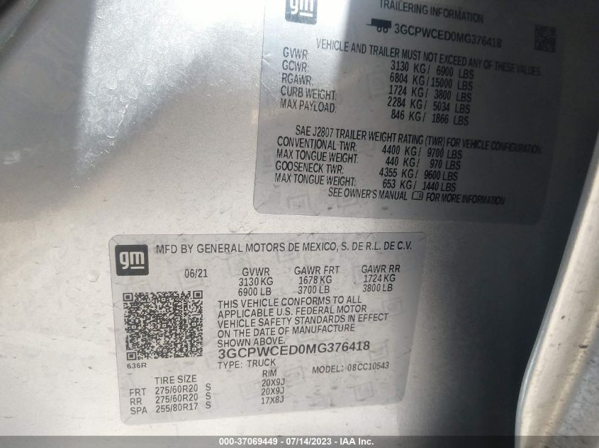 2021 CHEVROLET SILVERADO 1500 LT - 3GCPWCED0MG376418