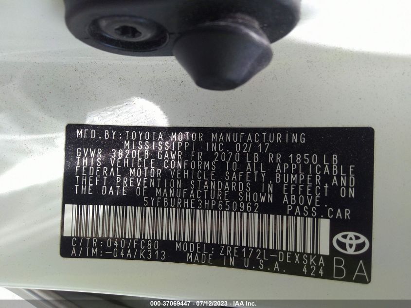 2017 TOYOTA COROLLA L/LE/XLE/SE - 5YFBURHE3HP650962