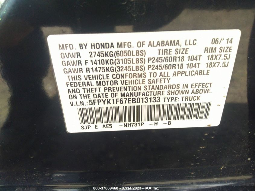 2014 HONDA RIDGELINE SE - 5FPYK1F67EB013133