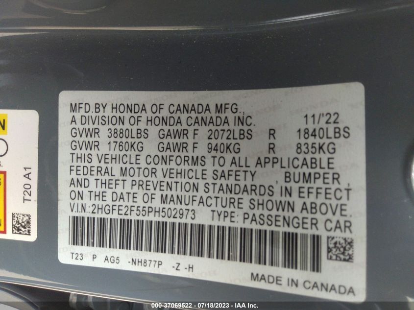 2023 HONDA CIVIC SEDAN SPORT - 2HGFE2F55PH502973