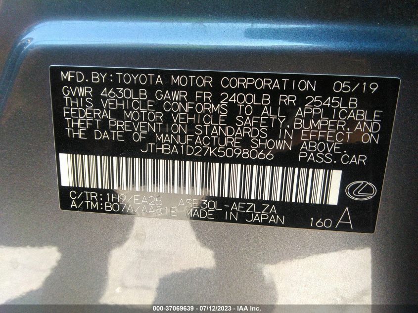 2019 LEXUS IS IS 300 - JTHBA1D27K5098066