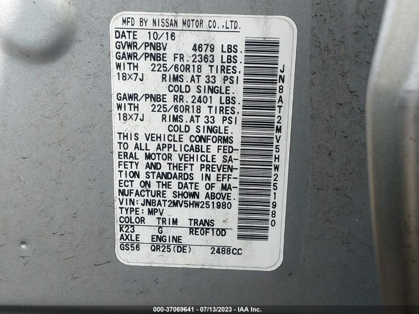 2017 NISSAN ROGUE SL - JN8AT2MV5HW251980