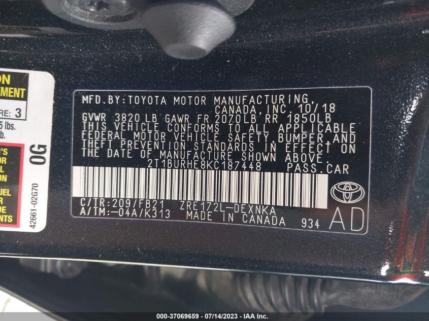 2019 TOYOTA COROLLA L/LE/SE/XLE/XSE - 2T1BURHE8KC187448