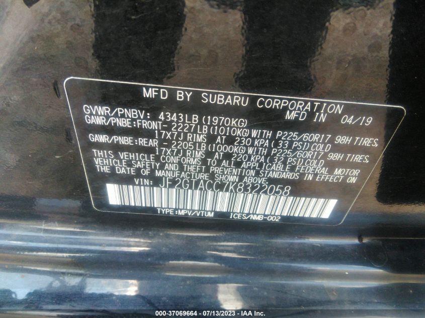 2019 SUBARU CROSSTREK PREMIUM - JF2GTACC7K8322058