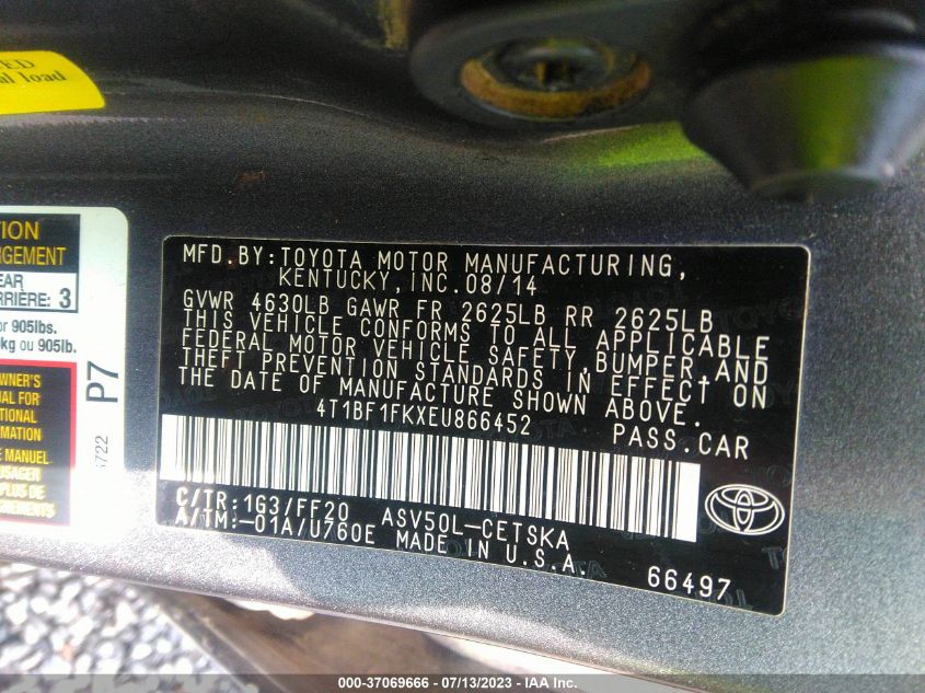 2014 TOYOTA CAMRY L/LE/XLE/SE/SE SPORT - 4T1BF1FKXEU866452