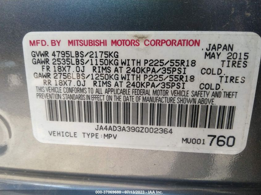 2016 MITSUBISHI OUTLANDER SE/SEL - JA4AD3A39GZ002364