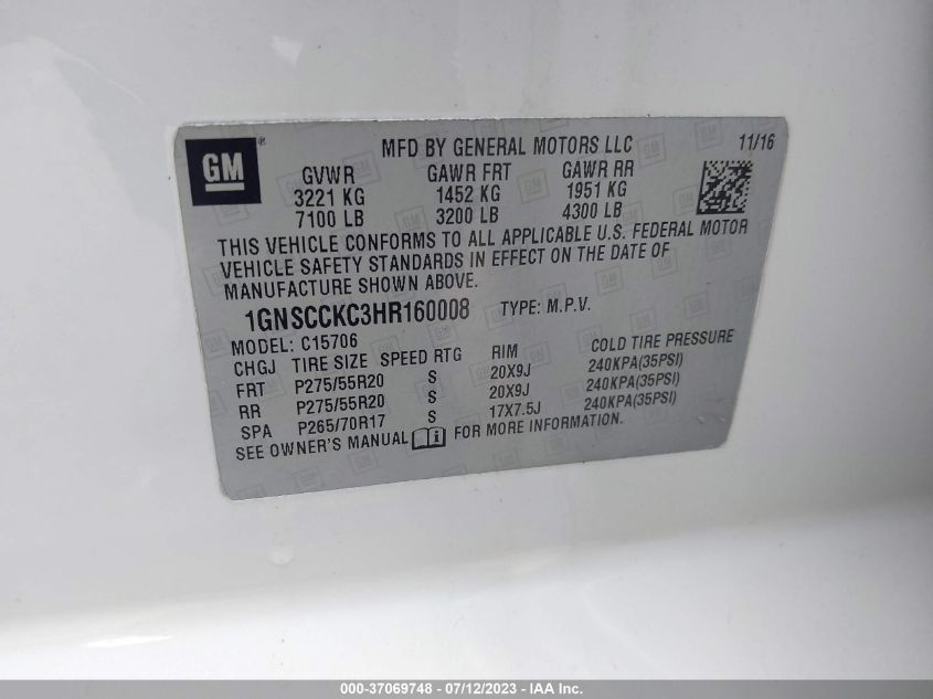 2017 CHEVROLET TAHOE C1500 PREMIER - 1GNSCCKC3HR160008