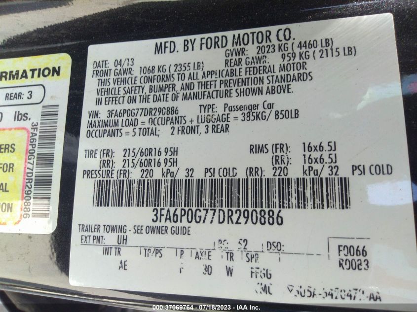 2013 FORD FUSION S - 3FA6P0G77DR290886