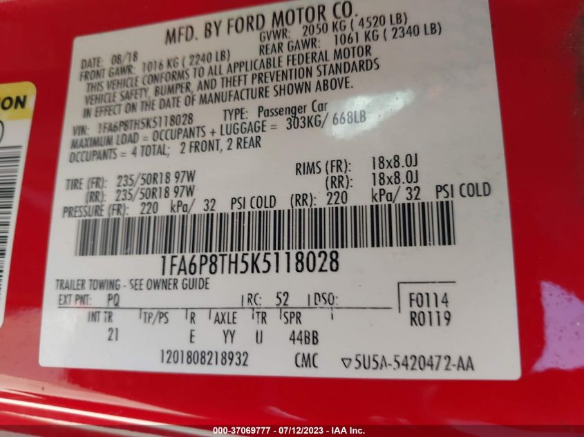 2019 FORD MUSTANG ECOBOOST - 1FA6P8TH5K5118028