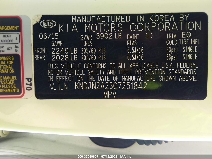 2016 KIA SOUL - KNDJN2A23G7251842