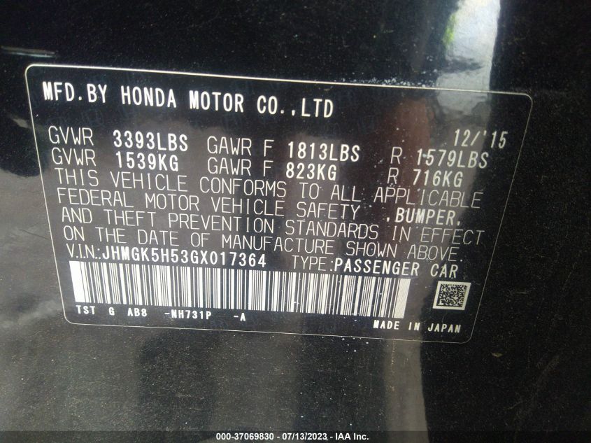 2016 HONDA FIT LX - JHMGK5H53GX017364