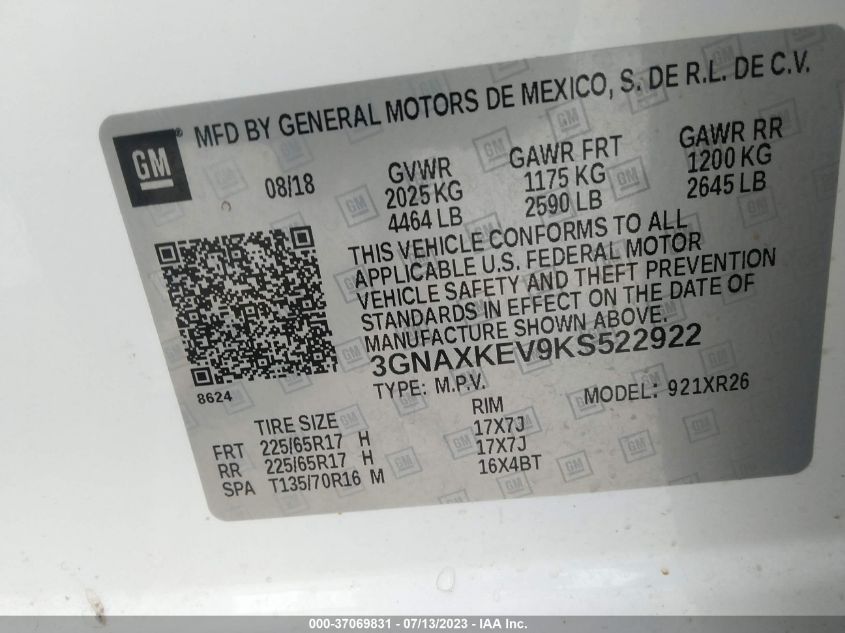 2019 CHEVROLET EQUINOX LT - 3GNAXKEV9KS522922