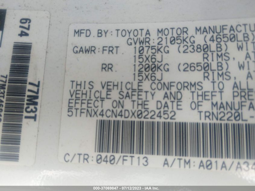 2013 TOYOTA TACOMA - 5TFNX4CN4DX022452