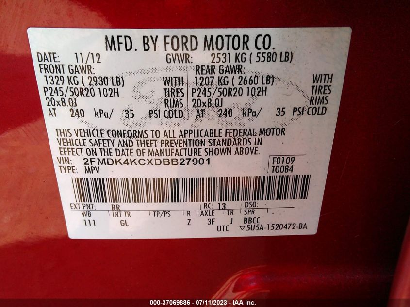 2013 FORD EDGE LIMITED - 2FMDK4KCXDBB27901