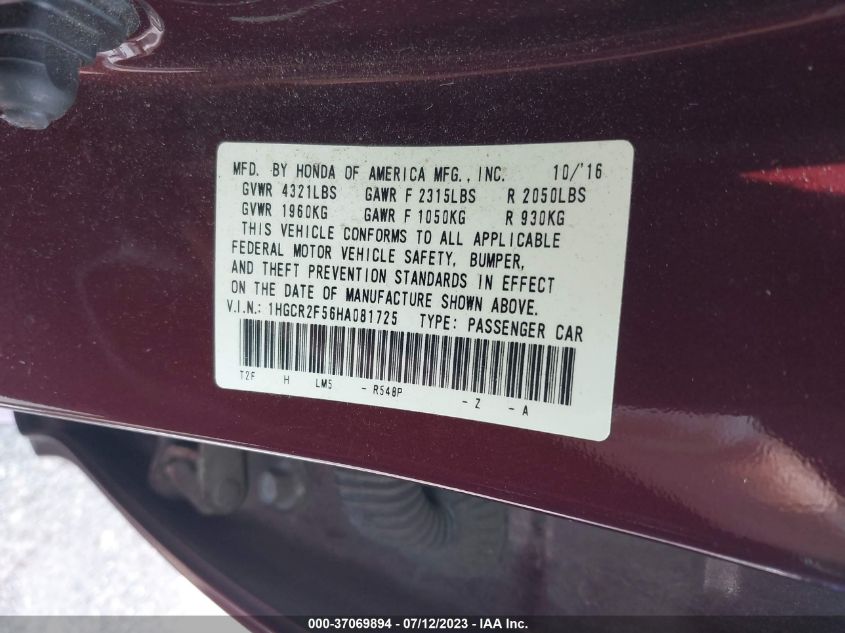 2017 HONDA ACCORD SEDAN SPORT - 1HGCR2F56HA081725