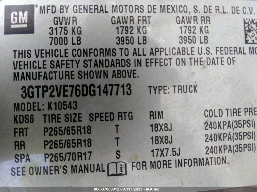 2013 GMC SIERRA 1500 SLE - 3GTP2VE76DG147713