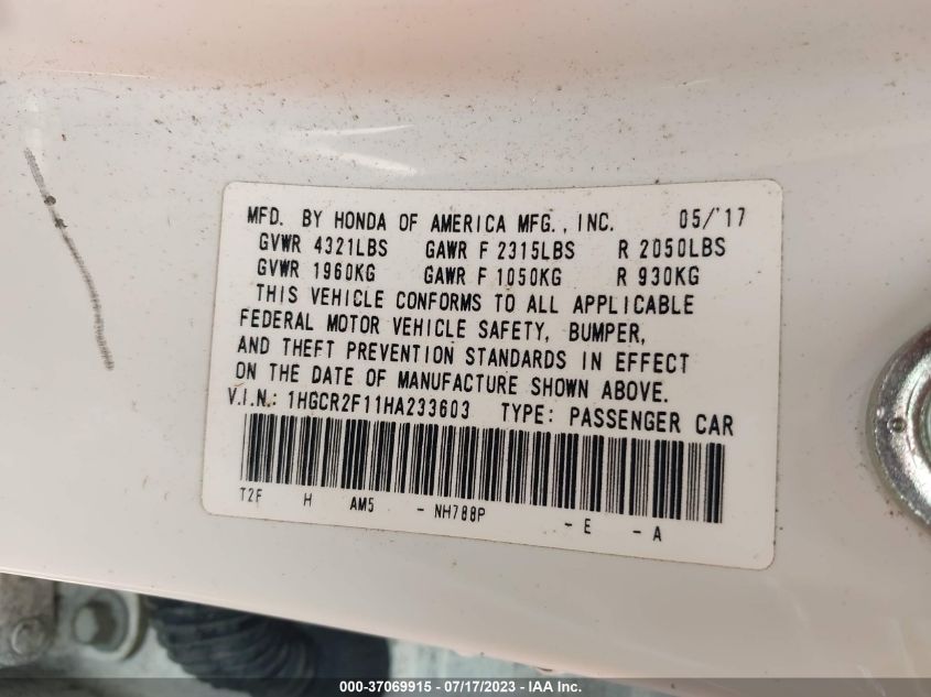 2017 HONDA ACCORD SEDAN SPORT SE - 1HGCR2F11HA233603