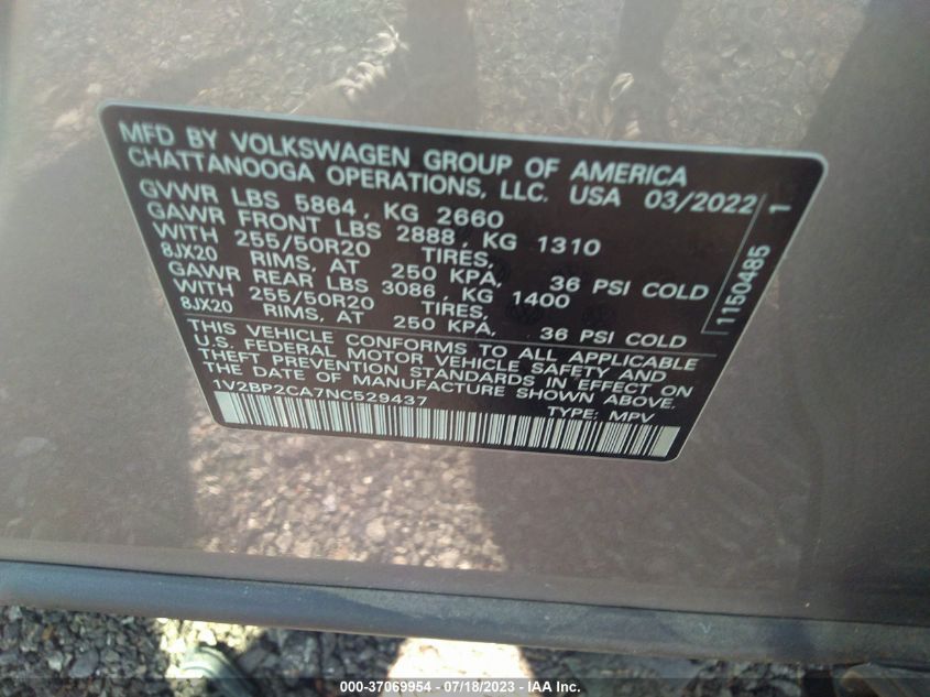 2022 VOLKSWAGEN ATLAS 2.0T SEL - 1V2BP2CA7NC529437