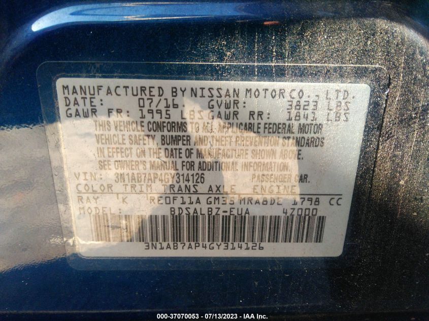 2016 NISSAN SENTRA S/SV/SR/SL - 3N1AB7AP4GY314126